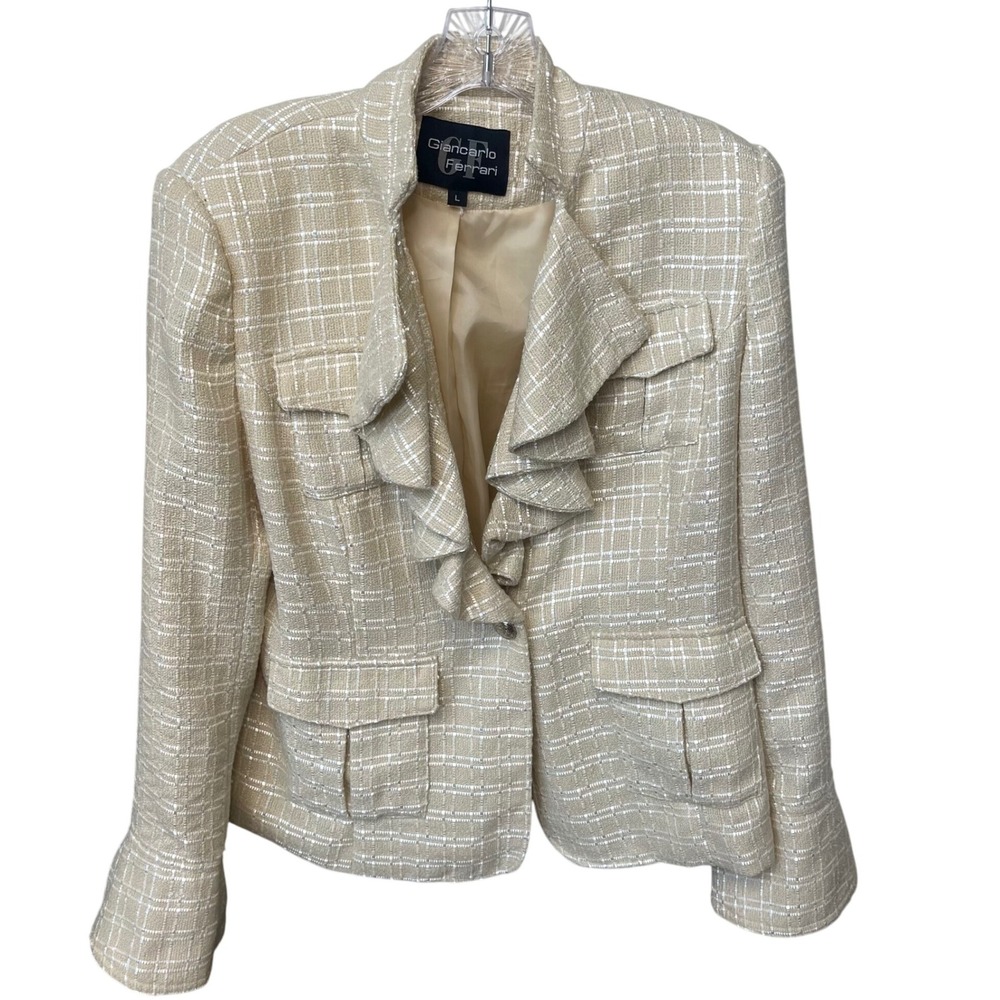 Giancarlo Ferrari Ruffle Collar‎ Blazer L Cream Metallic Tweed Couture Style